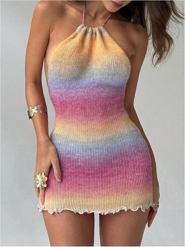 Floerns Women's Ombre Print Sweater Dress Sleeveless Halter Neck Bodycon Mini Dresses in Saudi Arabia