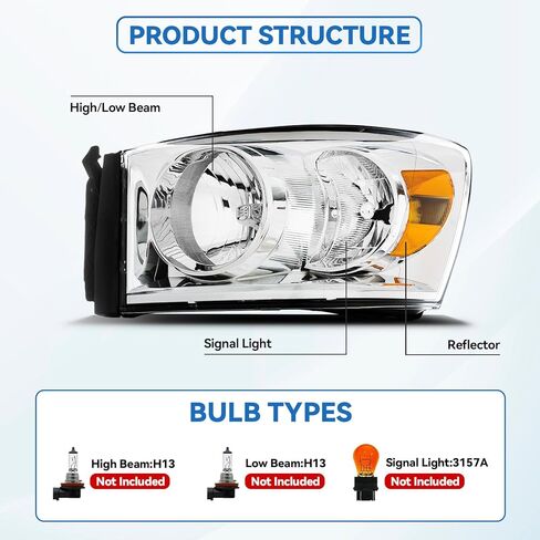 مجموعة المصابيح الأمامية الأمامية لـ 2006-2008 DODGE RAM 1500/2006-2009 DODGE RAM 2500, 3500 Pickup - استبدال المصابيح الأمامية، أضواء المصد الأمامي in Kuwait
