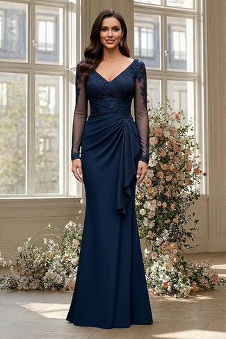 V Neck Mother of The Bride Dresses Long Sleeve Laces Applique Evening Gowns Long Grandmother of The Groom Dress in Saudi Arabia