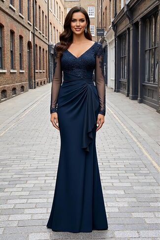 V Neck Mother of The Bride Dresses Long Sleeve Laces Applique Evening Gowns Long Grandmother of The Groom Dress in Saudi Arabia