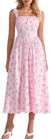EYNMIN Floral Corset Midi Wedding Guest Dresses for Women 2026 Summer Lace Up Flowy Milkmaid Bridal Shower Engagement Dress in Saudi Arabia