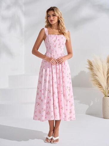 EYNMIN Floral Corset Midi Wedding Guest Dresses for Women 2026 Summer Lace Up Flowy Milkmaid Bridal Shower Engagement Dress in Saudi Arabia