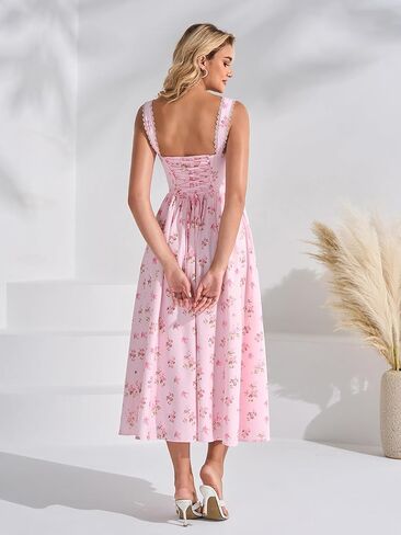 EYNMIN Floral Corset Midi Wedding Guest Dresses for Women 2026 Summer Lace Up Flowy Milkmaid Bridal Shower Engagement Dress in Saudi Arabia