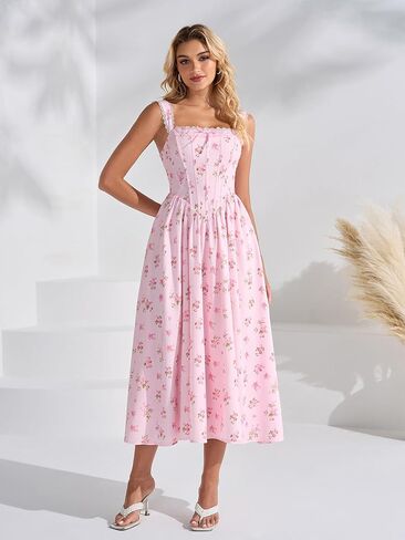 EYNMIN Floral Corset Midi Wedding Guest Dresses for Women 2026 Summer Lace Up Flowy Milkmaid Bridal Shower Engagement Dress in Saudi Arabia