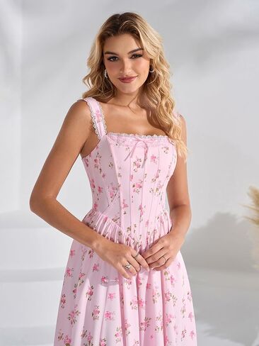 EYNMIN Floral Corset Midi Wedding Guest Dresses for Women 2026 Summer Lace Up Flowy Milkmaid Bridal Shower Engagement Dress in Saudi Arabia