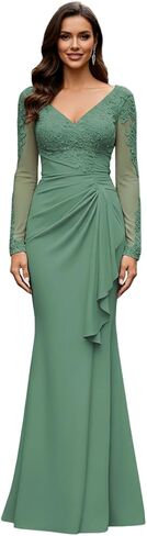 V Neck Mother of The Bride Dresses Long Sleeve Laces Applique Evening Gowns Long Grandmother of The Groom Dress in Saudi Arabia