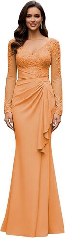 V Neck Mother of The Bride Dresses Long Sleeve Laces Applique Evening Gowns Long Grandmother of The Groom Dress in Saudi Arabia