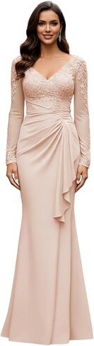 V Neck Mother of The Bride Dresses Long Sleeve Laces Applique Evening Gowns Long Grandmother of The Groom Dress in Saudi Arabia