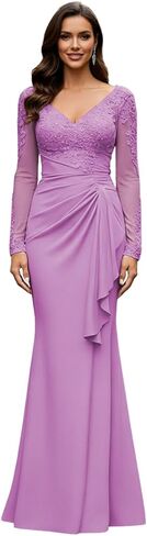 V Neck Mother of The Bride Dresses Long Sleeve Laces Applique Evening Gowns Long Grandmother of The Groom Dress in Saudi Arabia