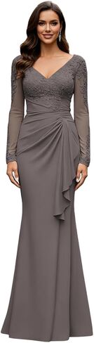 V Neck Mother of The Bride Dresses Long Sleeve Laces Applique Evening Gowns Long Grandmother of The Groom Dress in Saudi Arabia