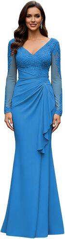V Neck Mother of The Bride Dresses Long Sleeve Laces Applique Evening Gowns Long Grandmother of The Groom Dress in Saudi Arabia