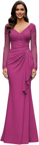 V Neck Mother of The Bride Dresses Long Sleeve Laces Applique Evening Gowns Long Grandmother of The Groom Dress in Saudi Arabia