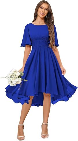 فساتين وصيفة الشرف قصيرة للنساء من الشيفون بطول الركبة Ruched A Line ثوب سهرة رسمي in Kuwait