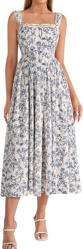EYNMIN Floral Corset Midi Wedding Guest Dresses for Women 2026 Summer Lace Up Flowy Milkmaid Bridal Shower Engagement Dress in Saudi Arabia