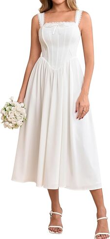 EYNMIN Floral Corset Midi Wedding Guest Dresses for Women 2026 Summer Lace Up Flowy Milkmaid Bridal Shower Engagement Dress in Saudi Arabia