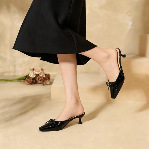 Women's Pointed Toe Kitten Heel Mules - Patent Leather Bow Accent Slip-On Shoes in Black, White & Burgundy for Office & Party Wear in Saudi Arabia