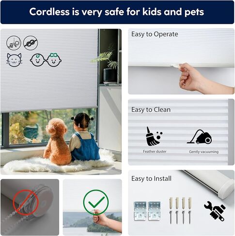 ستائر خلوية لاسلكية من الأعلى إلى الأسفل على شكل قرص العسل، ظلال النوافذ مع عزل حراري، سهلة التركيب بحجم مخصص للمنزل والمكتب، أبيض 48 بوصة عرض × 72 بوصة ارتفاع in Kuwait