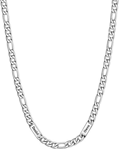 Custom4U سلسلة فيجارو من الفولاذ المقاوم للصدأ مخصصة للرجال والنساء، نقش عرض 5 مم/7 مم 1-5 أسماء سلسلة فيجارو، فولاذ/مطلي بالذهب عيار 14 قيراط/هدية عيد الأب الأسود مجوهرات الهيب هوب + صندوق هدايا إرسال in Kuwait