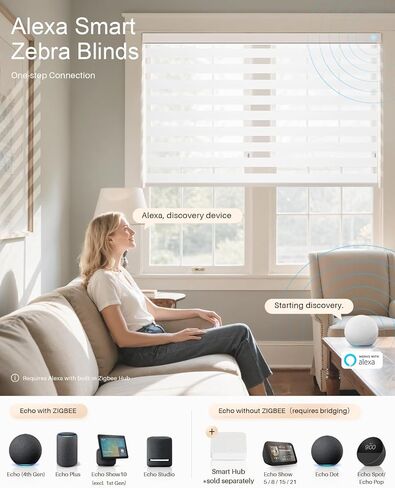 Smart Zebra Blinds for Windows, Alexa Motorized Blinds with Remote Control, Automatic Electric Power Zebra Shades for Indoor Windows (23" W x 72" H, White) in Kuwait