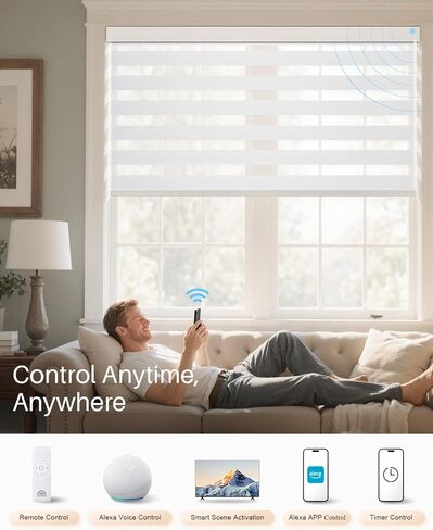 Smart Zebra Blinds for Windows, Alexa Motorized Blinds with Remote Control, Automatic Electric Power Zebra Shades for Indoor Windows (23" W x 72" H, White) in Kuwait