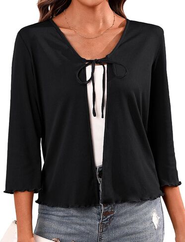 Aiboria Women's Ribbed Knit Shrug 3/4 Sleeve Tie Front Bolero Lightweight Cropped Cardigan S-XXL in Saudi Arabia