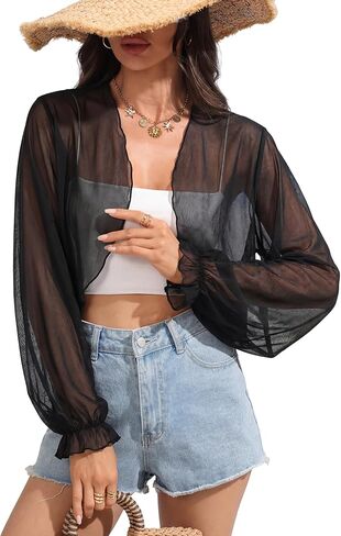 ZAFUL Sheer Bolero Shrug Cardigan for Women Drop Shoulder Bolero Shrug Long Sleeve Shirt Sheer Blouse Mesh Tops in Saudi Arabia