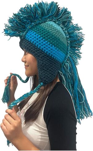 Hand-Knitted Multi-Block Striped Mohawk Hat | Handmade in Nepal | 100% Wool Winter Hat with Earflaps, Fleece Lining & Braided Tassels – One Size Blue in Saudi Arabia