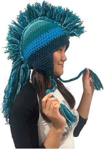 Hand-Knitted Multi-Block Striped Mohawk Hat | Handmade in Nepal | 100% Wool Winter Hat with Earflaps, Fleece Lining & Braided Tassels – One Size Blue in Saudi Arabia