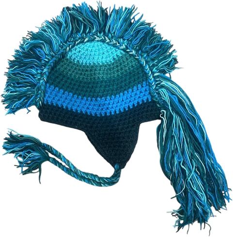 Hand-Knitted Multi-Block Striped Mohawk Hat | Handmade in Nepal | 100% Wool Winter Hat with Earflaps, Fleece Lining & Braided Tassels – One Size Blue in Saudi Arabia