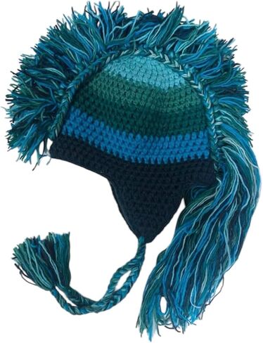 Hand-Knitted Multi-Block Striped Mohawk Hat | Handmade in Nepal | 100% Wool Winter Hat with Earflaps, Fleece Lining & Braided Tassels – One Size Blue in Saudi Arabia