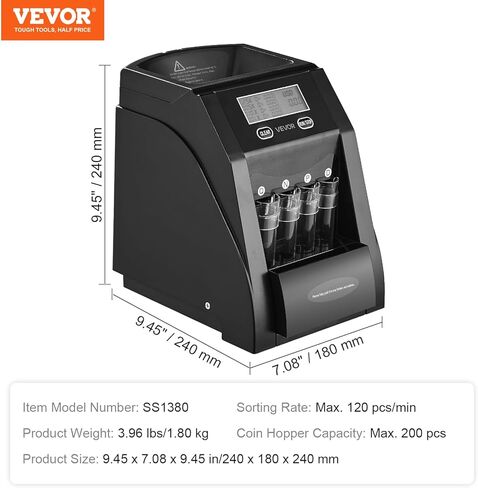 فارز العملات المعدنية VEVOR USD، آلة عداد العملات المعدنية لـ 1 ¢ 5 ¢ 10 ¢ 25 عملات معدنية، شاشة عرض LCD، آلة فرز العملات المعدنية وتغليفها مع أنابيب وصينية عملات معدنية أكثر سمكًا، تحمل ما يصل إلى 200 عملة معدنية in Saudi Arabia