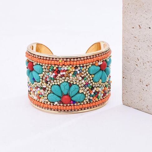 Bohemian Turquoise Stone Bracelets for Women Stackable Multilayer Beaded Bracelet Handmade Wide Cuff Bangle Trendy Boho Jewelry for Best Friends Dainty Hippie Charm Bracelet in Saudi Arabia