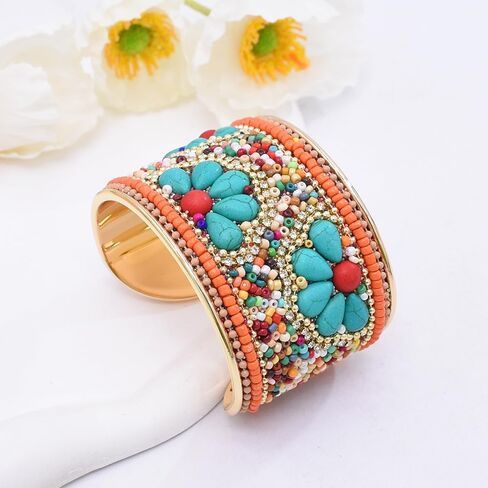 Bohemian Turquoise Stone Bracelets for Women Stackable Multilayer Beaded Bracelet Handmade Wide Cuff Bangle Trendy Boho Jewelry for Best Friends Dainty Hippie Charm Bracelet in Saudi Arabia