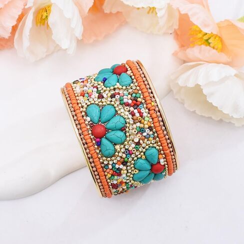 Bohemian Turquoise Stone Bracelets for Women Stackable Multilayer Beaded Bracelet Handmade Wide Cuff Bangle Trendy Boho Jewelry for Best Friends Dainty Hippie Charm Bracelet in Saudi Arabia