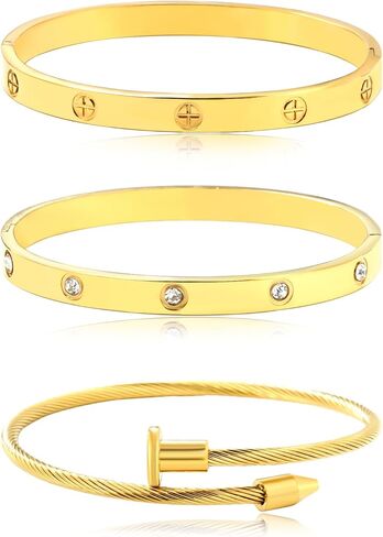 3-Piece Gold Bracelet Set for Women, Titanium Steel Layered Stackable Bangle Bracelets Chain, Dainty Jewelry Gift Set for Her in Saudi Arabia