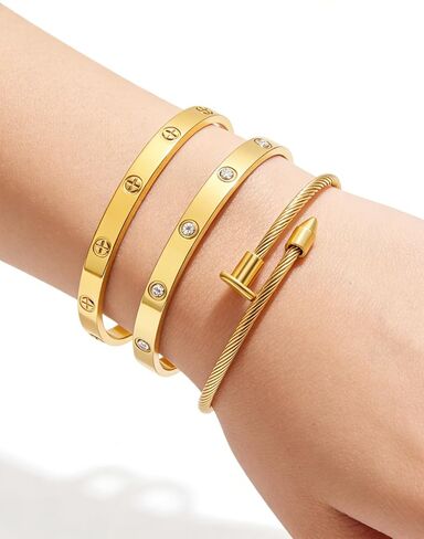 3-Piece Gold Bracelet Set for Women, Titanium Steel Layered Stackable Bangle Bracelets Chain, Dainty Jewelry Gift Set for Her in Saudi Arabia