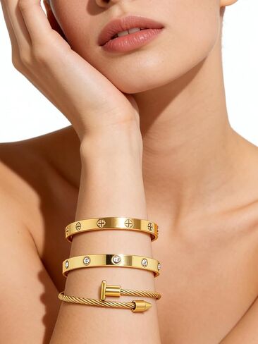 3-Piece Gold Bracelet Set for Women, Titanium Steel Layered Stackable Bangle Bracelets Chain, Dainty Jewelry Gift Set for Her in Saudi Arabia