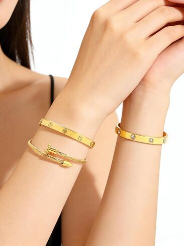3-Piece Gold Bracelet Set for Women, Titanium Steel Layered Stackable Bangle Bracelets Chain, Dainty Jewelry Gift Set for Her in Saudi Arabia