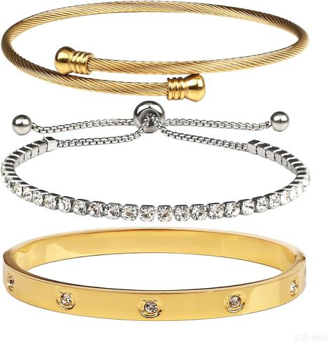 Stackable Bracelet Nail Love Bangle Bracelets Set for Women 18K Gold Plated Bangles Cubic Zirconia Classic Stainless Steel Jewelry Gift for Her in Saudi Arabia