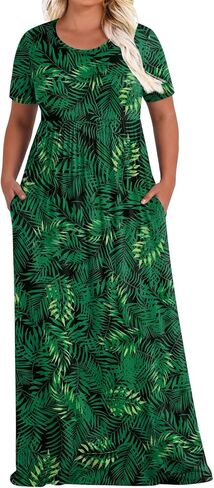 POPYOUNG Womens Plus Size Maxi Dress Summer Short Sleeve Long Crew Neck Casual Dress with Pockets in Kuwait