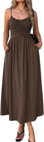 Women’s Spaghetti Strap Midi Dress Ruched Bust Flowy A Line Sleeveless Empire Waist Summer Casual Dress with Pockets in Kuwait