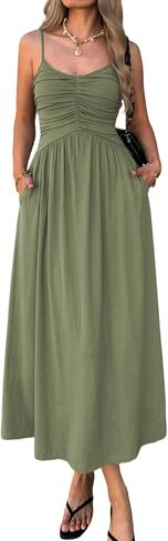 Women’s Spaghetti Strap Midi Dress Ruched Bust Flowy A Line Sleeveless Empire Waist Summer Casual Dress with Pockets in Saudi Arabia