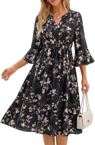 VALOLIA Casual Dresses for Women 2026 V Neck 3/4 Sleeve Chiffon Summer Floral Mini Dress in Kuwait