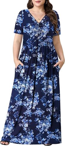 Plus Size Maxi Dresses for Women Summer Casual Short Sleeve Long Dress with Pockets 1X-5X in Kuwait
