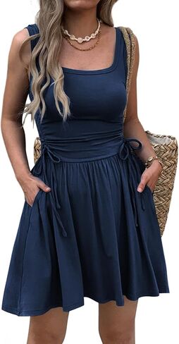 Women’s Sleeveless Summer Mini Dress Adjustable Drawstring Ruched Waist Tie Casual A-Line Sundress with Pockets in Kuwait