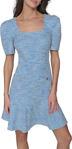 Karl Lagerfeld Women's Puff Sleeve Swaure Neck Flounce Tweed A-line Mini Dress in Saudi Arabia