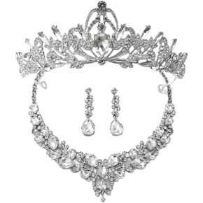 طقم مكون من 3 قطع من تاج الزفاف ومجموعة مجوهرات للعروس، وقلادة على شكل تاج من حجر الراين الكريستالي، وأقراط وسوار لحفلات الزفاف وحفلات الزفاف وحفلات الزفاف وحفلات الملكة in Kuwait