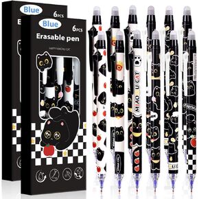12 PCS Cute Erasable Pens,Black Cute Cat Erasable Gel Ink Pens,0.5mm Blue Ink - Retractable,Cute Cat School Supplise,Kawaii Cat Stationery Set, Perfect Cat Gifts for Office, School, Women,Man in Kuwait
