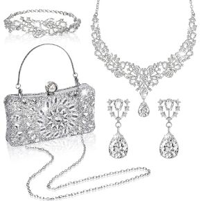 4 Pcs Silver Rhinestone Clutch Purse for Women Rhinestone Evening Handbag Necklace Earrings Bracelet Jewelry Sets for Wedding Bridal Bridesmaid Gifts Anniversary Accessories in Kuwait