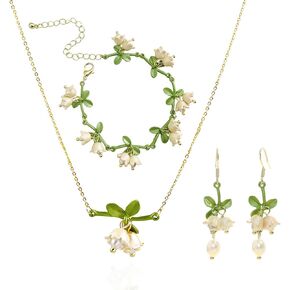 FORUBUS Lily of the Valley Jewelry Set – Necklace, Earrings & Bracelet, Lily of the Valley Necklace, Vintage Floral Design with Faux Pearls, Ideal for Weddings, Spring Trip in Kuwait